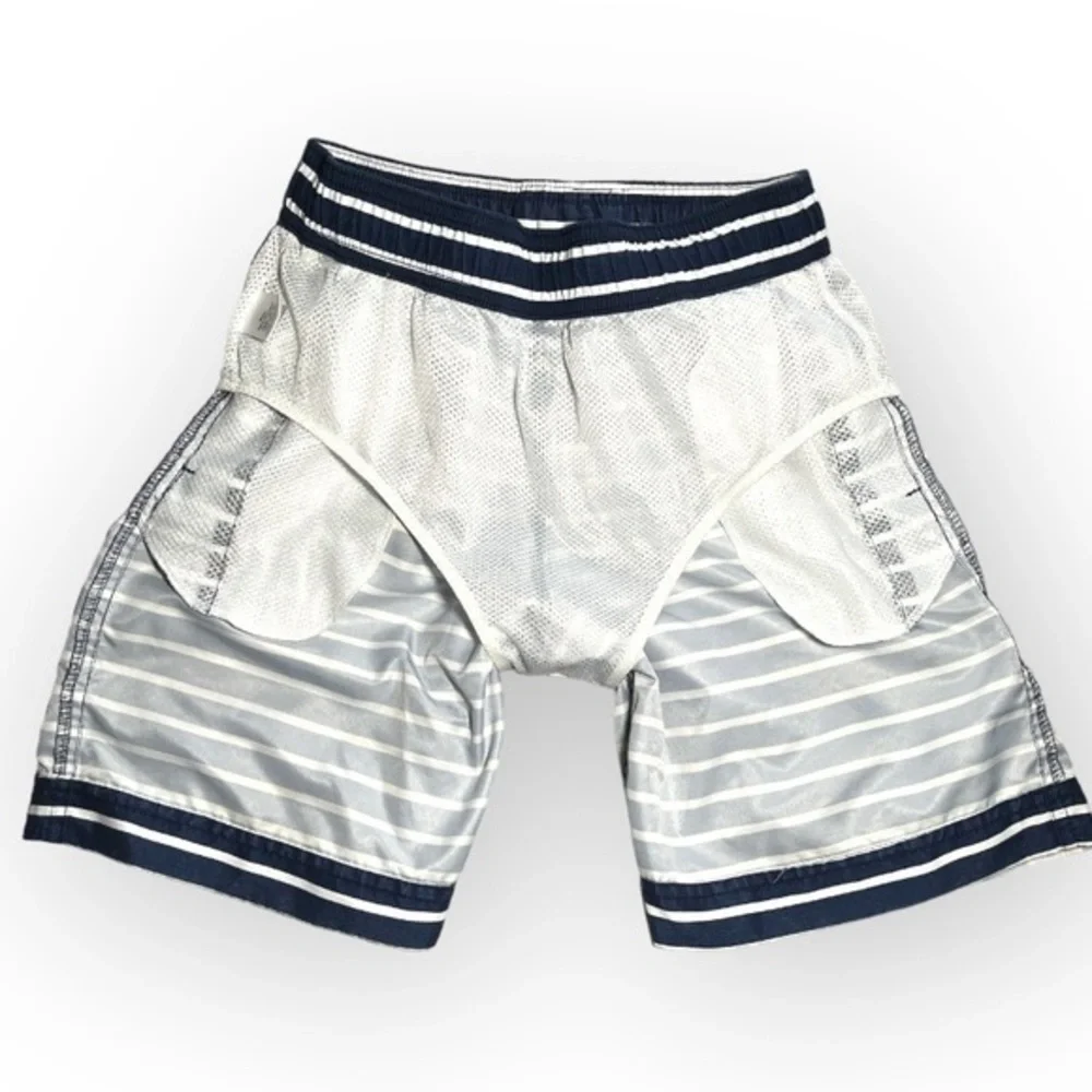 Hanna Andersson Boys Navy White Striped Swim Trunks Board Shorts Bathing Suit